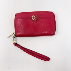 Tory Burch Red Robinson Clutch Wallet Saffiano Leather Full Zip Around Pocket